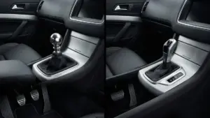 Manual versus automatic driving licence UK — split view of manual gear stick with clutch pedal and automatic selector