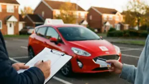 Intensive driving course cost — clipboard and bank card beside a UK driving school car