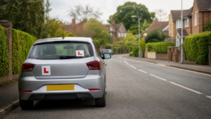 UK learner car on a quiet residential road for nervous learner driver lessons.