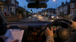 Evening UK learner driving lesson seen from inside a right-hand-drive car on a suburban road after work.