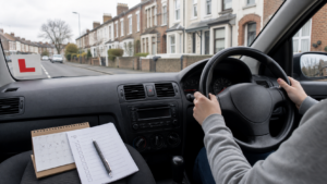 Right-hand-drive UK learner car interior with L plate and short-notice driving test preparation checklist.