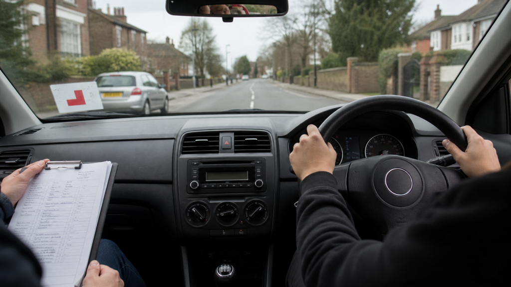 Right-hand-drive learner car interior on a UK residential road during an intensive driving lesson.