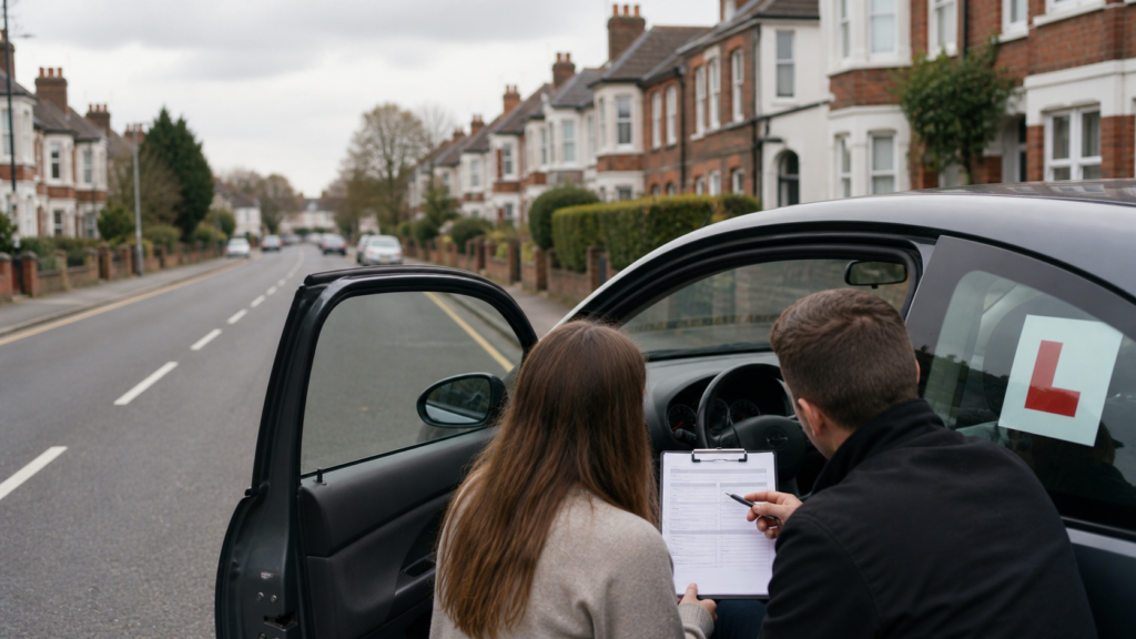 UK learner driver and instructor reviewing a lesson plan beside a right-hand-drive car with an L plate on a residential street.