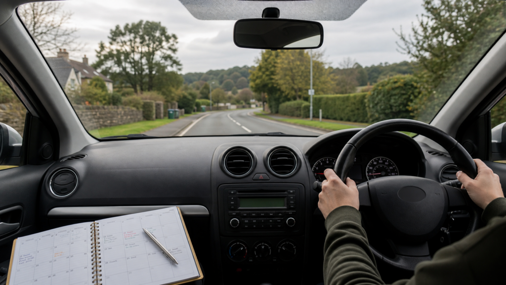 Right-hand-drive UK learner car interior with a planning calendar for booking a practical driving test.