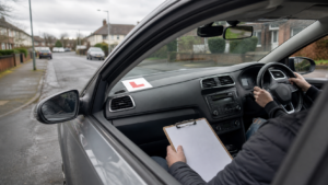 Right-hand-drive UK learner car interior during a 30 hour intensive driving course.