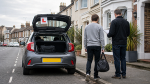 Learner driver arriving for a residential intensive driving course in the UK
