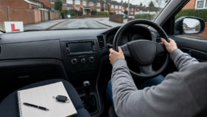 Learner driver in a right-hand-drive training car with a blank weekday lesson planner on the passenger seat.