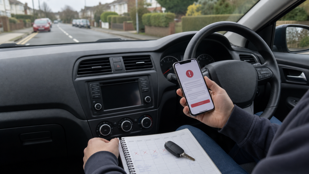 Learner driver checking a cancellation message in a right-hand-drive car with a lesson schedule notebook.