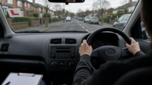 Learner driver restarting lessons in a right-hand-drive car on a UK residential road