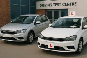 Learner driver choosing between their own car and an instructor’s car for a UK driving test